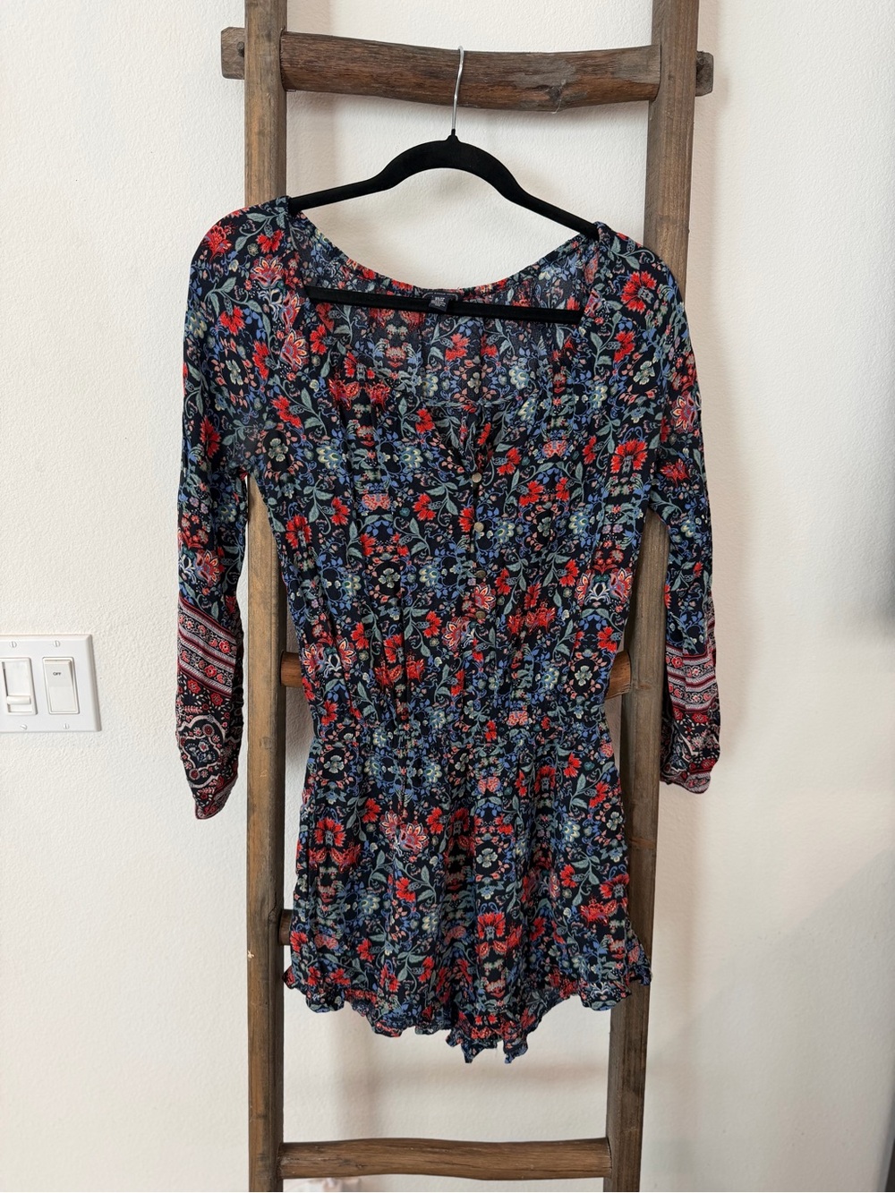 American Eagle Outfitters Navy Floral Long-Sleeve Romper